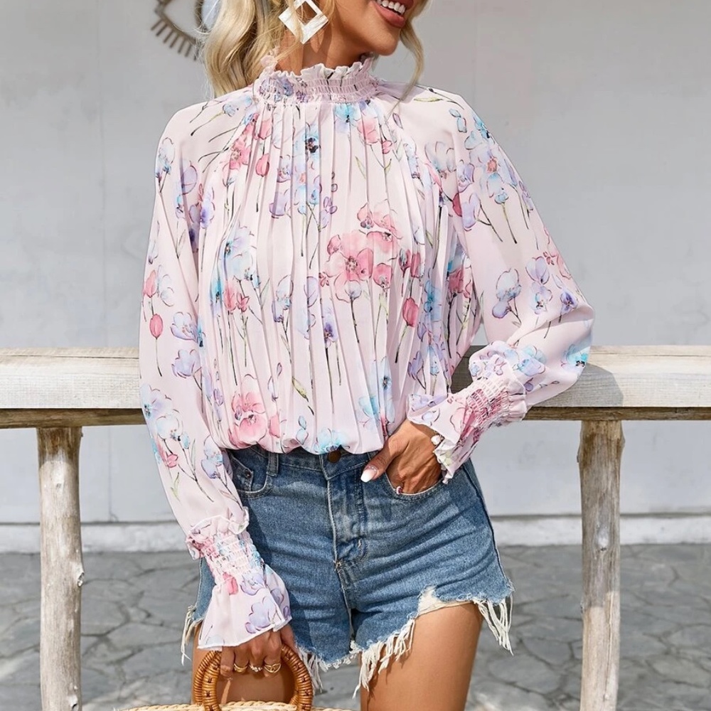 09 Boho Floral Print Frill Neck Ruffle Sleeve Blouse - Picture 6 of 8